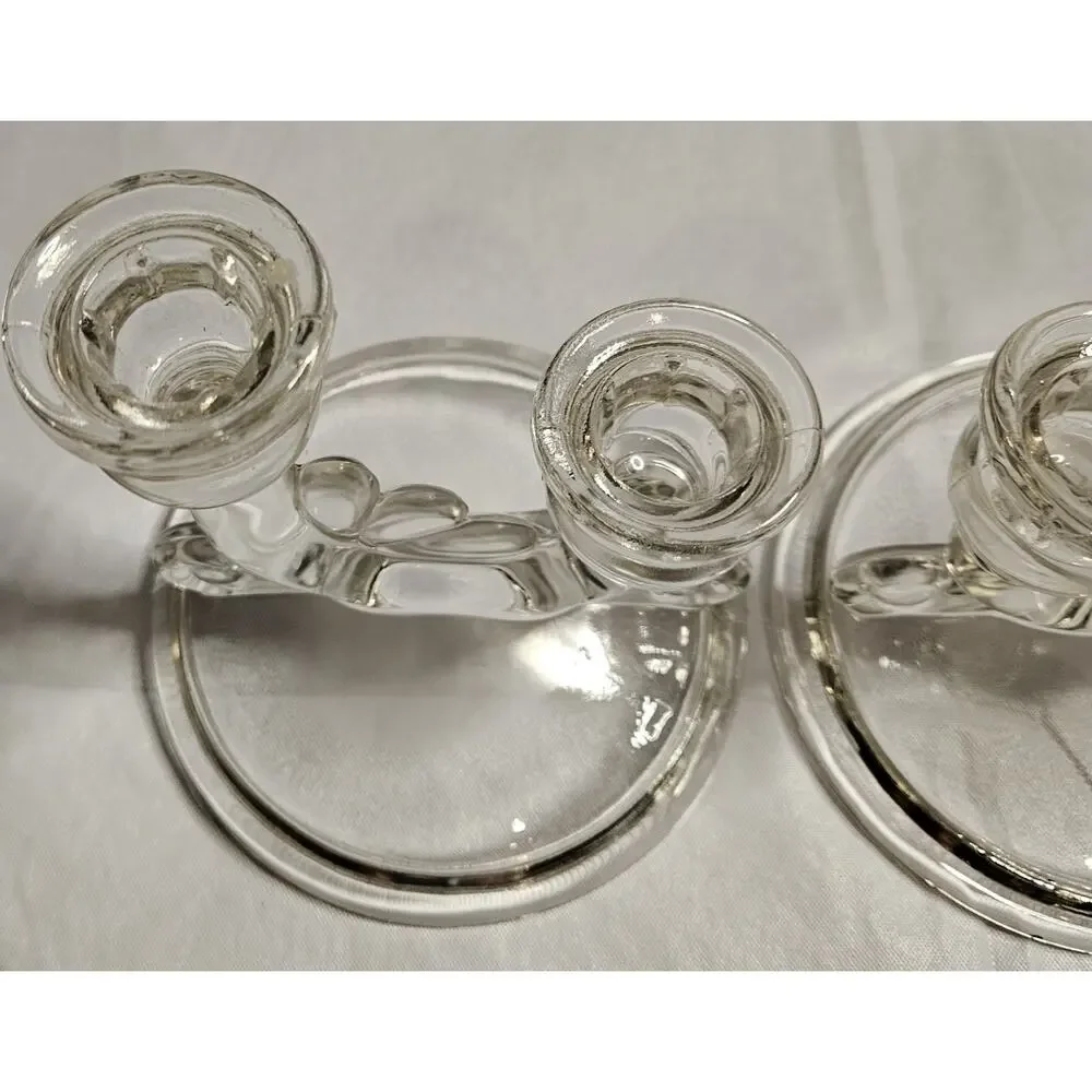 Vintage Clear Pressed Glass Double Taper Candle Holders Pair Heart Candelabra